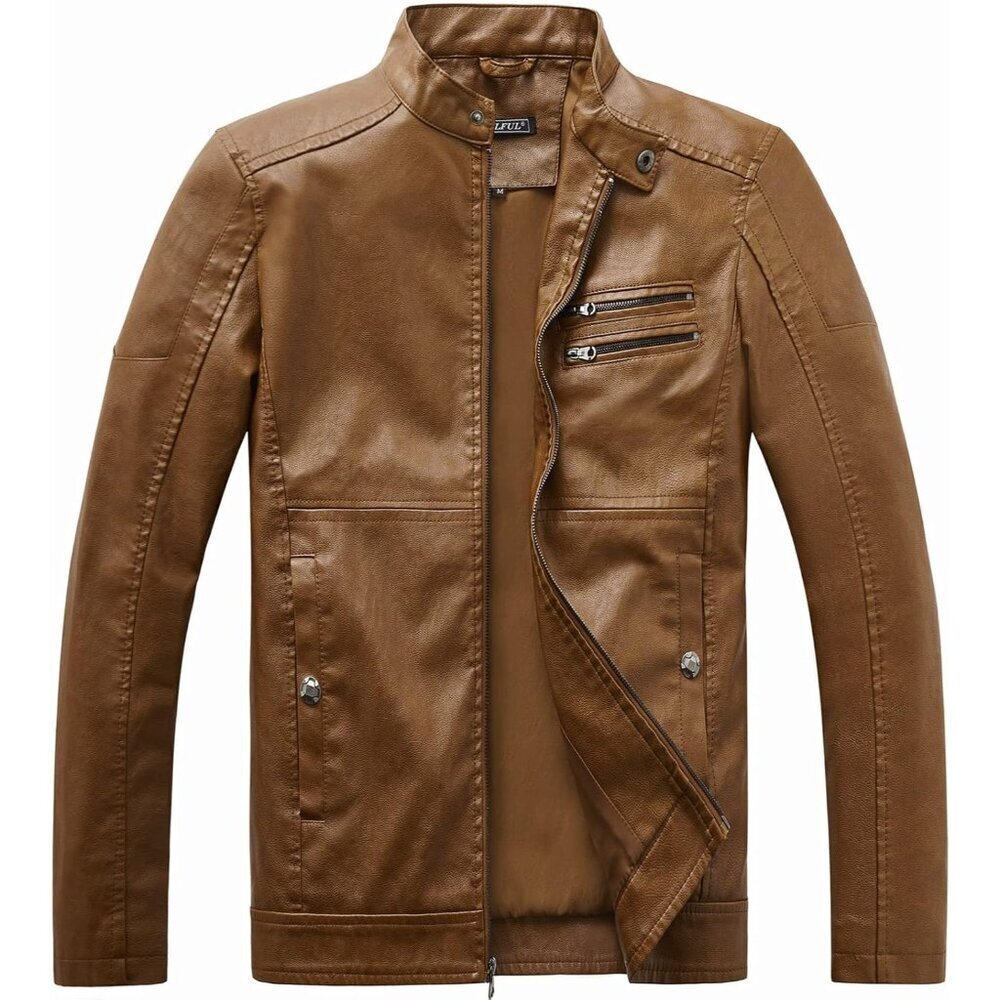 🆕 Men Brown Stand Collar Leather Jacket Motorcycle Lightweight Faux Outwear